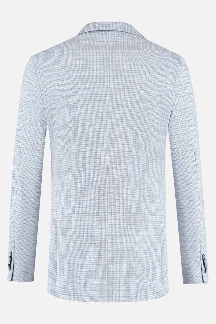 Colbert miniruit lichtblauw, achterkant view van een lichtblauwe blazer met ruitmotief.