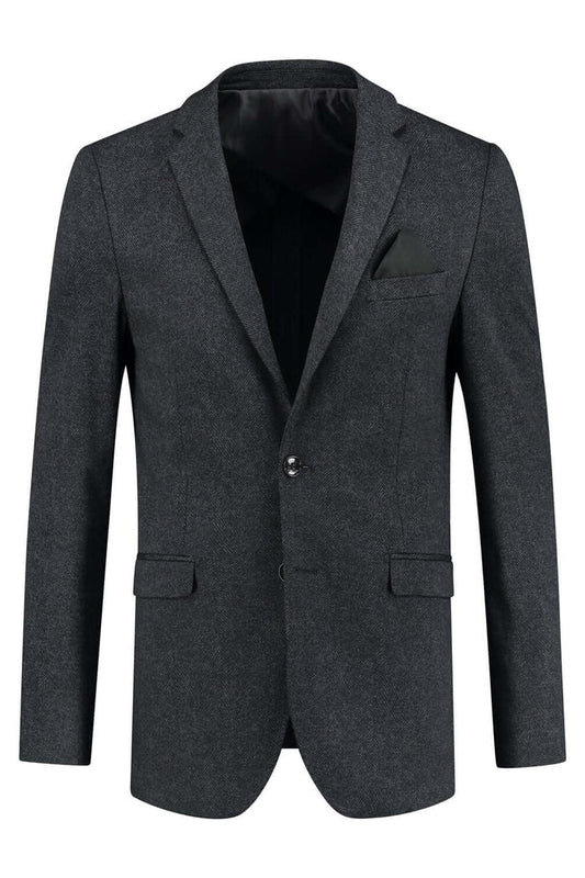 Colbert miniruitje grijs-blauw, ademend materiaal, stijlvolle grijs-blauwe blazer voor elke gelegenheid.