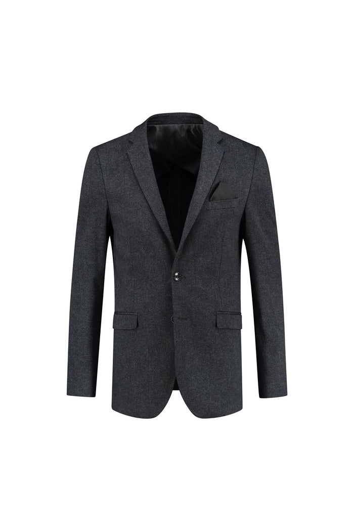 Colbert miniruitje grijs-blauw, elegante grijs-blauwe blazer met ademend materiaal, perfect voor casual en formele gelegenheden.