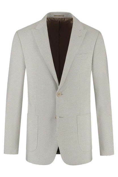 Colbert pied-de-poule beige, élégant blazer avec motif pied-de-poule en beige, parfait pour des occasions habillées.