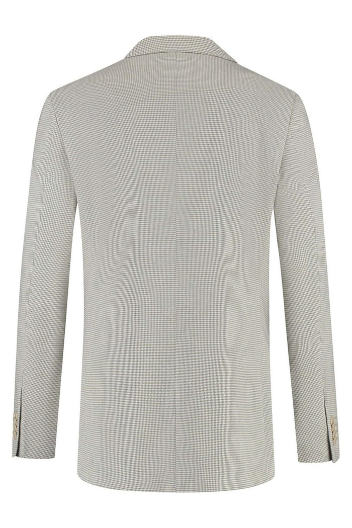Colbert pied-de-poule beige, beige pied-de-poule patroon blazer, achterkant van de colbert.