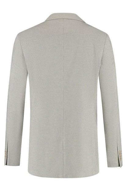 Colbert pied-de-poule beige, beige pied-de-poule patroon blazer, achterkant van de colbert.