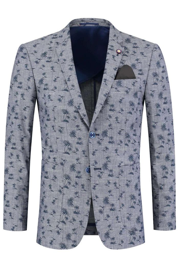 Colbert print palm blauwgrijs, palmprint blazer van ademend katoen-elastaan, stijlvol en comfortabel.