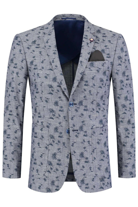 Colbert print palm blauwgrijs, palmprint blazer van ademend katoen-elastaan, stijlvol en comfortabel.