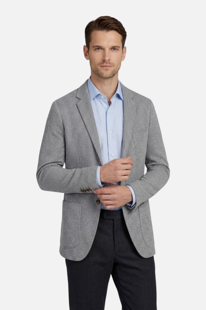 Colbert stretch cord grijs, grijze stretchkorduroy colbert met borstzak en zakken, stijlvol en casual.