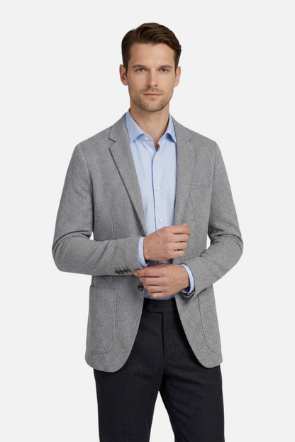 Colbert stretch cord grijs, grijze stretchkorduroy colbert met borstzak en zakken, stijlvol en casual.