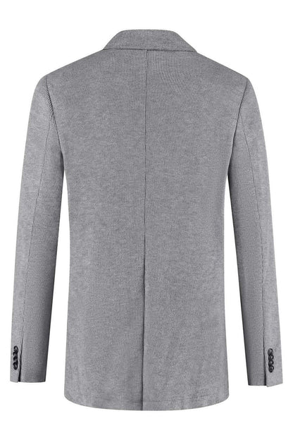 Colbert stretch cord grijs, grijze stretchkorduroy colbert gezien van achteren met details van de mouwen.