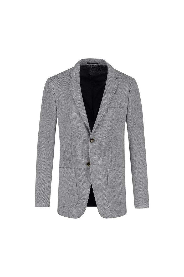 Colbert stretch cord grijs, grijze stretchkorduroy colbert met borstzak en zakken, stijlvolle herenmode.
