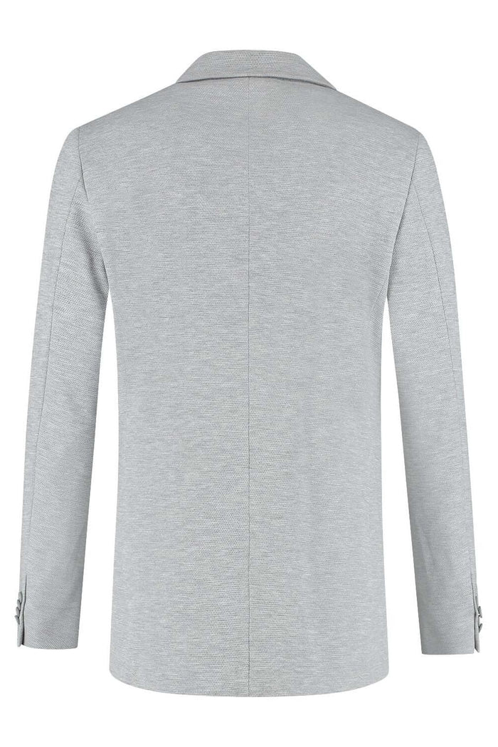 Colbert stretch pique melange grijs, achterkant van de colbert in grijze melange met stretch.