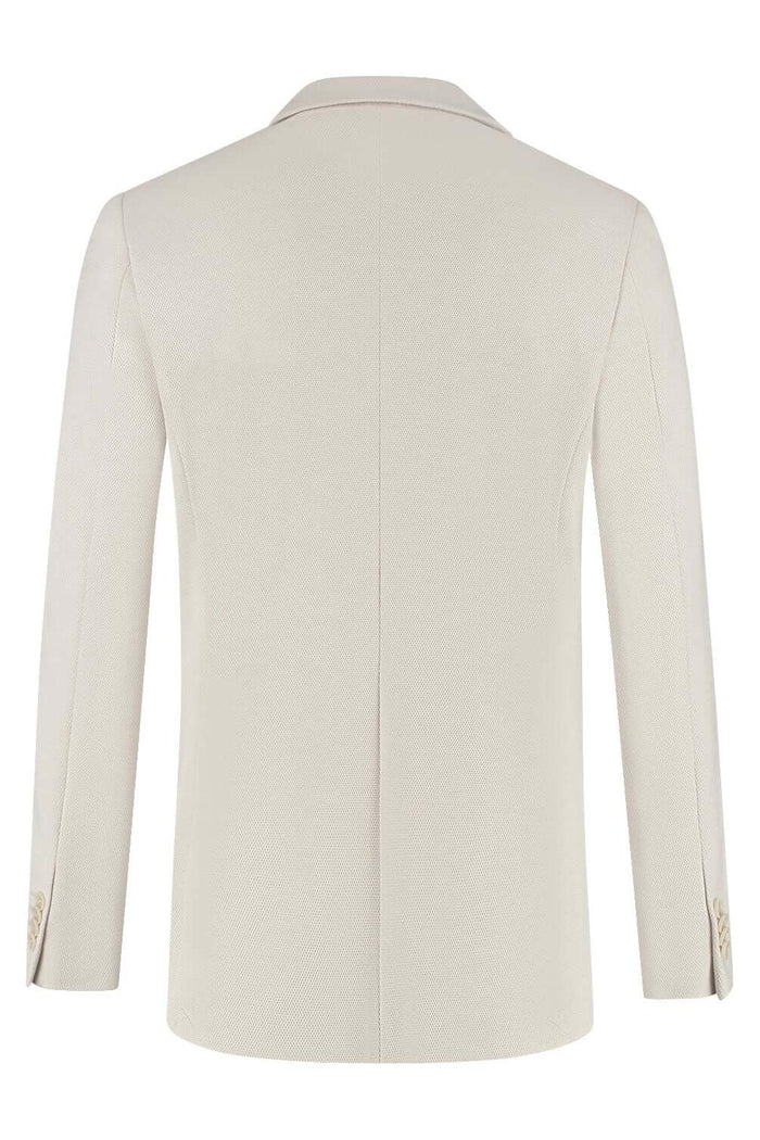 Colbert stretch pique zand, beige colbert met strakke lijnen en knopen, achterkantzicht.