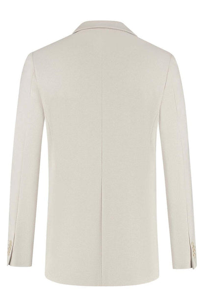Colbert stretch pique zand, beige colbert met strakke lijnen en knopen, achterkantzicht.
