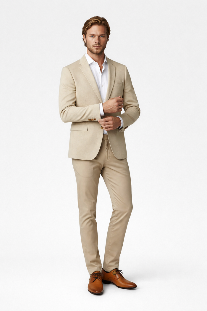 Colbert stretchkatoen zand in comfortabele zandkleur, perfect voor een stijlvolle look.