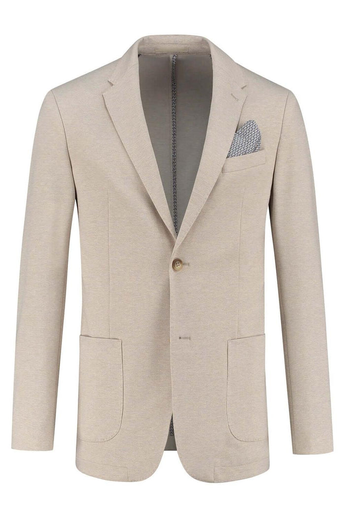 Colbert uni stretch zand, zandkleurig colbert met stretch en nette afwerking, ideaal voor stijlvolle outfits.