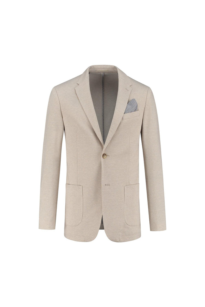Colbert uni stretch zand - zandkleurig colbert met stretch en nette afwerking, perfect voor diverse gelegenheden.