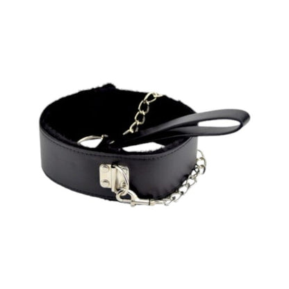Colier cu lesa Bound to Please - Furry Collar, din piele cu lant metalic, Neagra