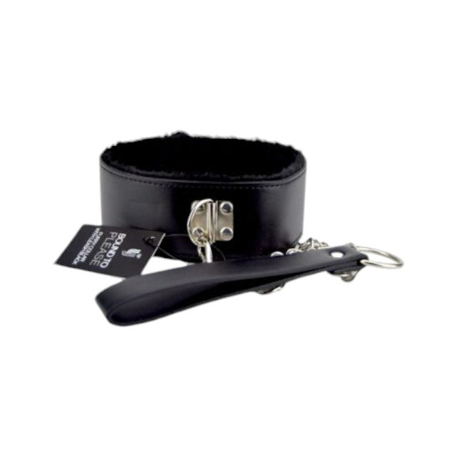 Colier cu lesa Bound to Please - Furry Collar, din piele cu lant metalic, Neagra