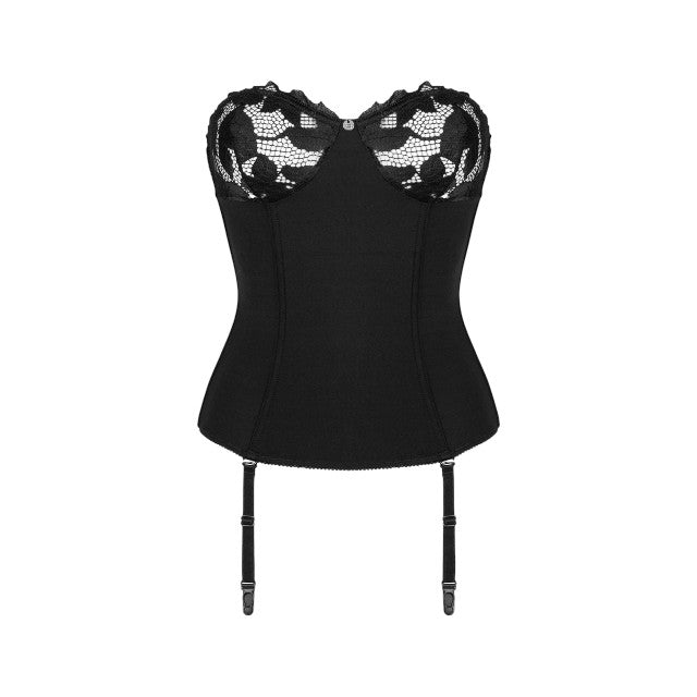 Corset erotic cu portjartier OBSESSIVE Editya, design cu sutien din dantelă florală, culoare negru, mărime M/L