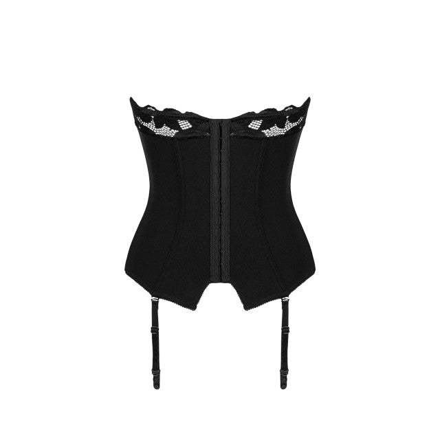 Corset erotic cu portjartier OBSESSIVE Editya, design cu sutien din dantelă florală, culoare negru, mărime M/L