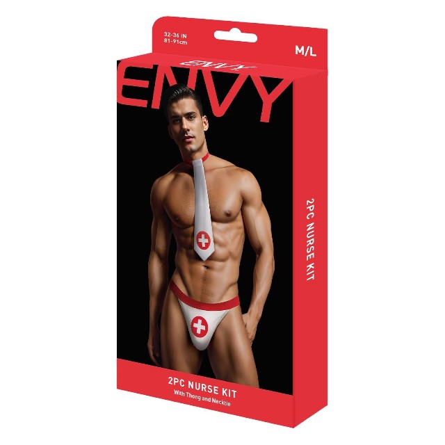 Costum sexy asistent ENVY MENSWEAR Nurse Kit, cravată și chilot tanga cu design medical, mărime M/L, culoare alb și roșu