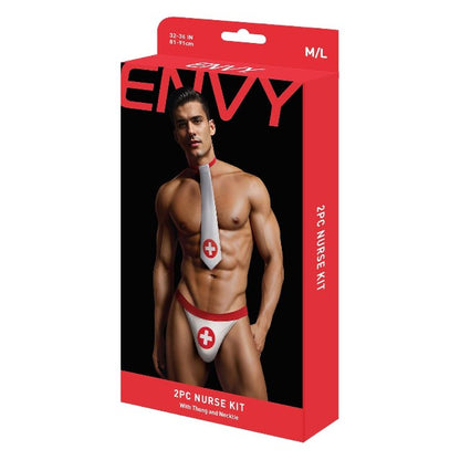 Costum sexy asistent ENVY MENSWEAR Nurse Kit, cravată și chilot tanga cu design medical, mărime M/L, culoare alb și roșu
