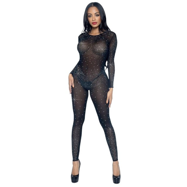 Costum sexy LEG AVENUE Sheer Rhinestone Catsuit, din plasă cu strasuri, cu spate decoltat, negru, mărime M (85636)