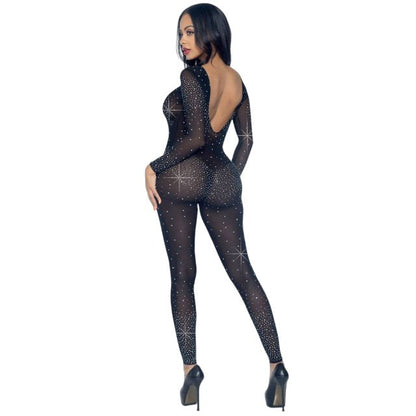 Costum sexy LEG AVENUE Sheer Rhinestone Catsuit, din plasă cu strasuri, cu spate decoltat, negru, mărime M (85636)