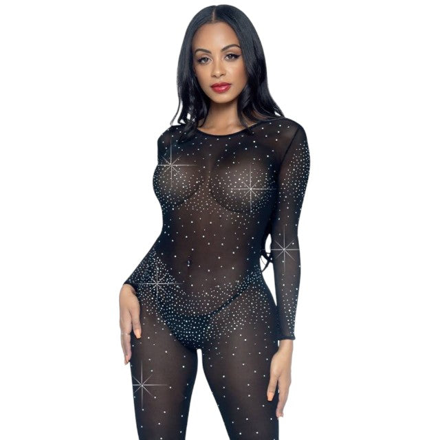 Costum sexy LEG AVENUE Sheer Rhinestone Catsuit, din plasă cu strasuri, cu spate decoltat, negru, mărime XS (85636)