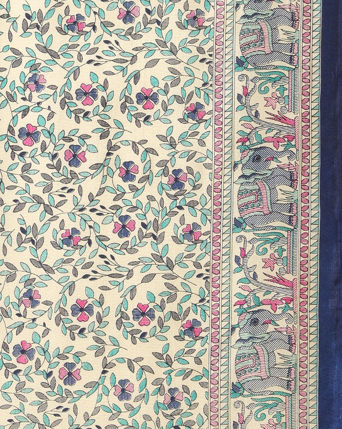 Indiehaat | Kashmiri Silk Printed Saree Cream & Navy Blue