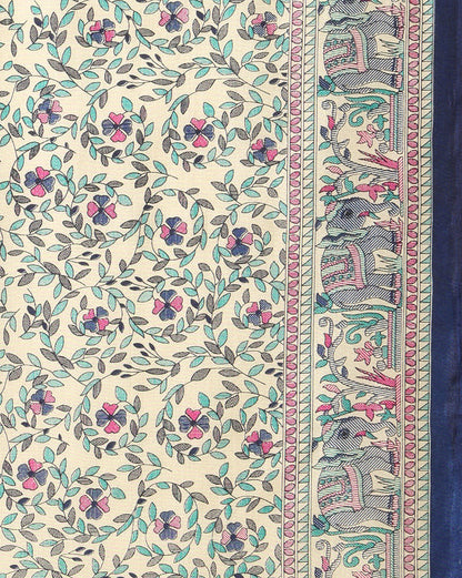 Indiehaat | Kashmiri Silk Printed Saree Cream & Navy Blue