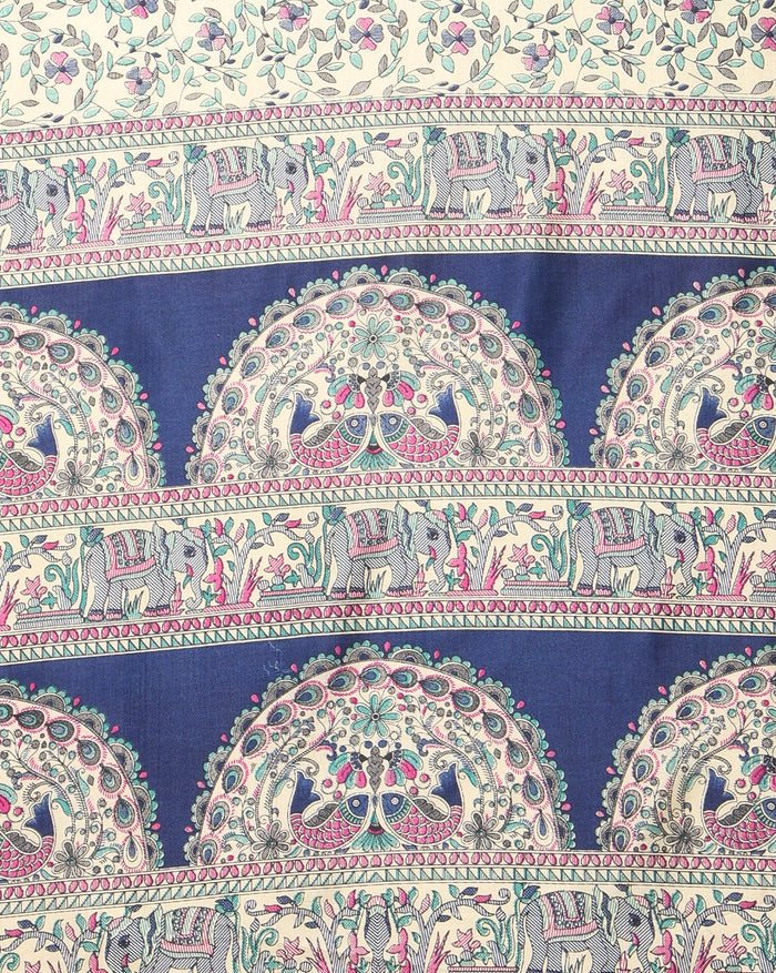 Indiehaat | Kashmiri Silk Printed Saree Cream & Navy Blue