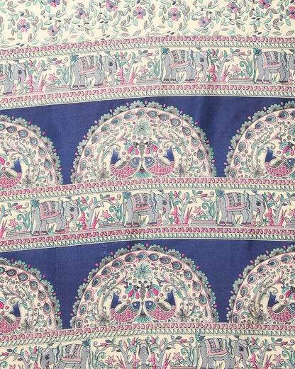 Indiehaat | Kashmiri Silk Printed Saree Cream & Navy Blue