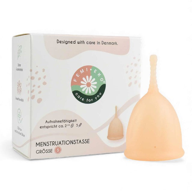 Cupe menstruale FEMI.EKO®, din silicon medical, protecție până la 12 ore, mărime S, bej