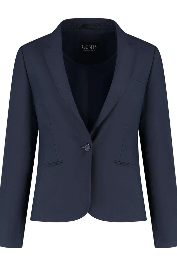Damesblazer comfort stretch blauw in diepe blauwtoon, kreukvrij en met knopenaccent.