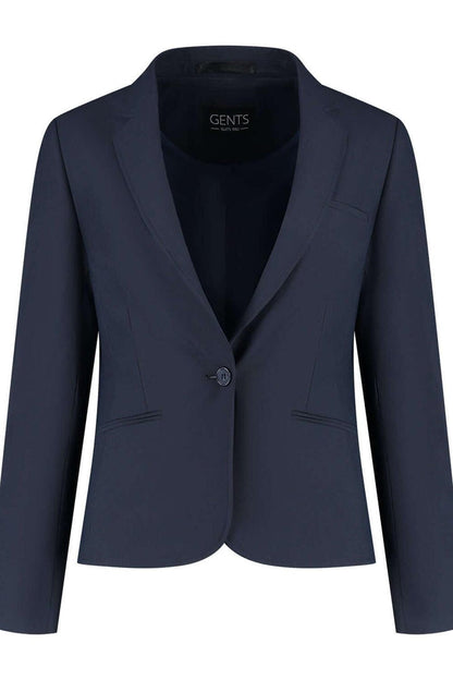 Damesblazer comfort stretch blauw in diepe blauwtoon, kreukvrij en met knopenaccent.