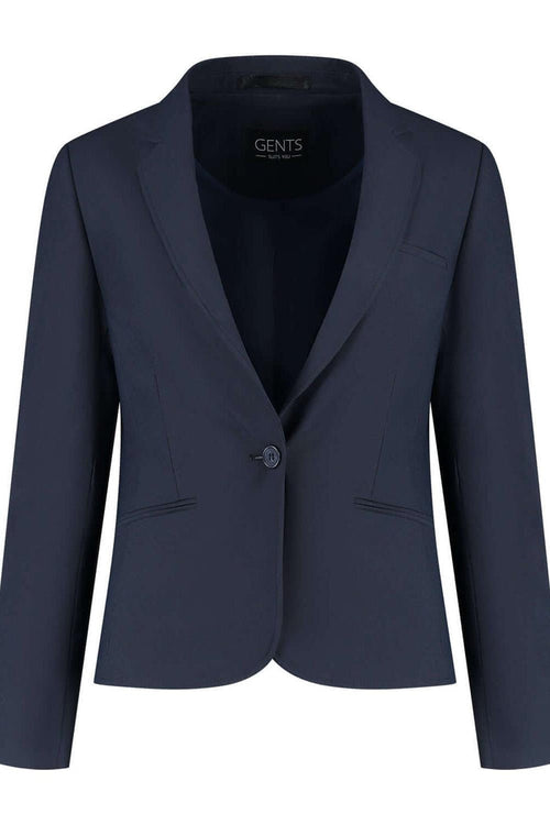 Damesblazer comfort stretch blauw in diepe blauwtoon, kreukvrij en met knopenaccent.