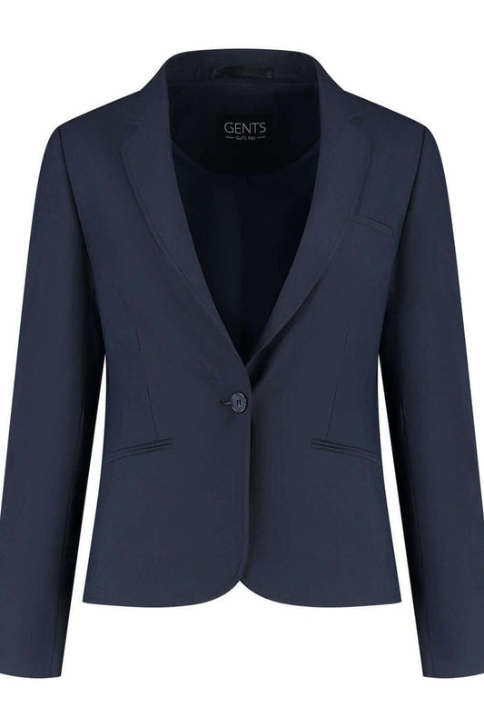 Damesblazer comfort stretch blauw in diepe blauwtoon, kreukvrij en met knopenaccent.