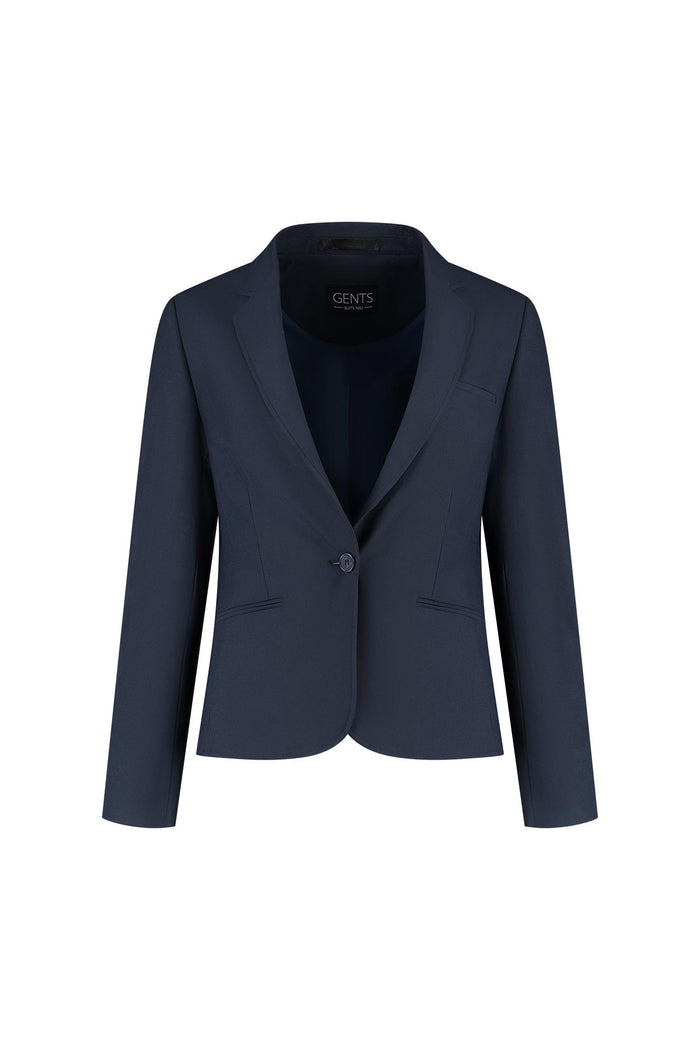 Damesblazer comfort stretch blauw, diepe blauwtoon, kreukvrij stretchblazer met knopenaccent.