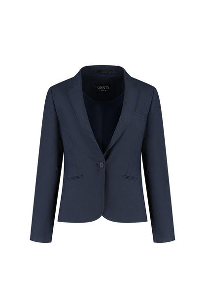 Damesblazer comfort stretch blauw, diepe blauwtoon, kreukvrij stretchblazer met knopenaccent.
