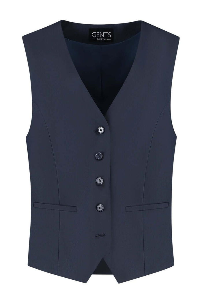 Damesgilet comfort stretch blauw met knopen en zakken, perfect voor kantoor en casual gelegenheden.