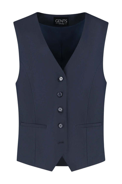 Damesgilet comfort stretch blauw met knopen en zakken, perfect voor kantoor en casual gelegenheden.