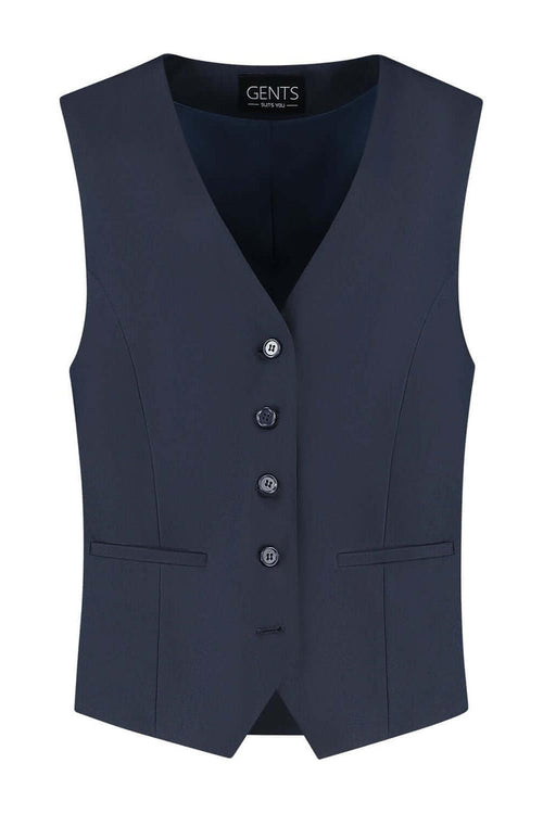 Damesgilet comfort stretch blauw met knopen en zakken, perfect voor kantoor en casual gelegenheden.