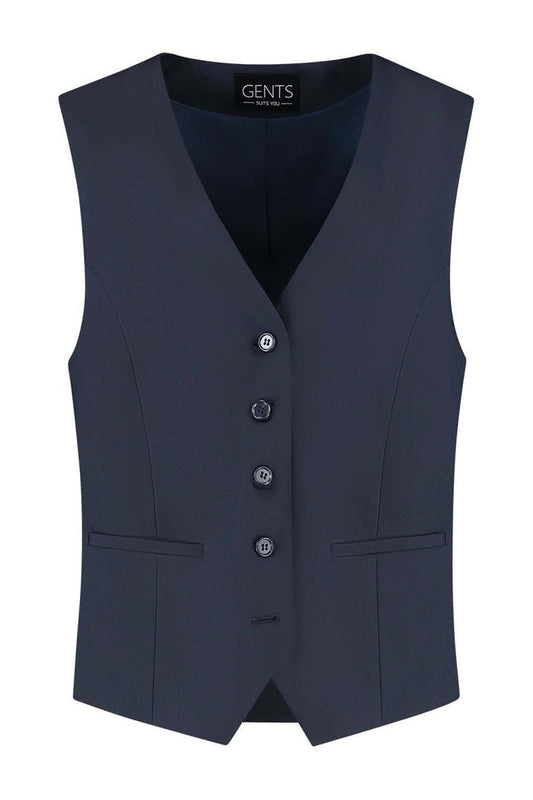 Damesgilet comfort stretch blauw met knopen en zakken, perfect voor kantoor en casual gelegenheden.
