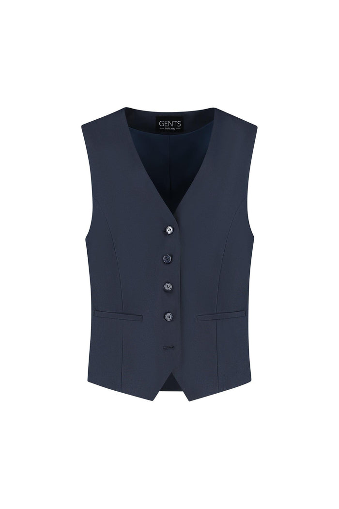 Damesgilet comfort stretch blauw met knopen en zakken, ideaal voor kantoor en casual outfits.