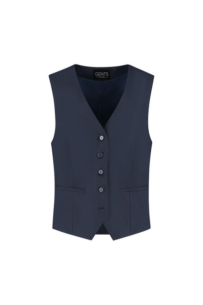 Damesgilet comfort stretch blauw met knopen en zakken, ideaal voor kantoor en casual outfits.