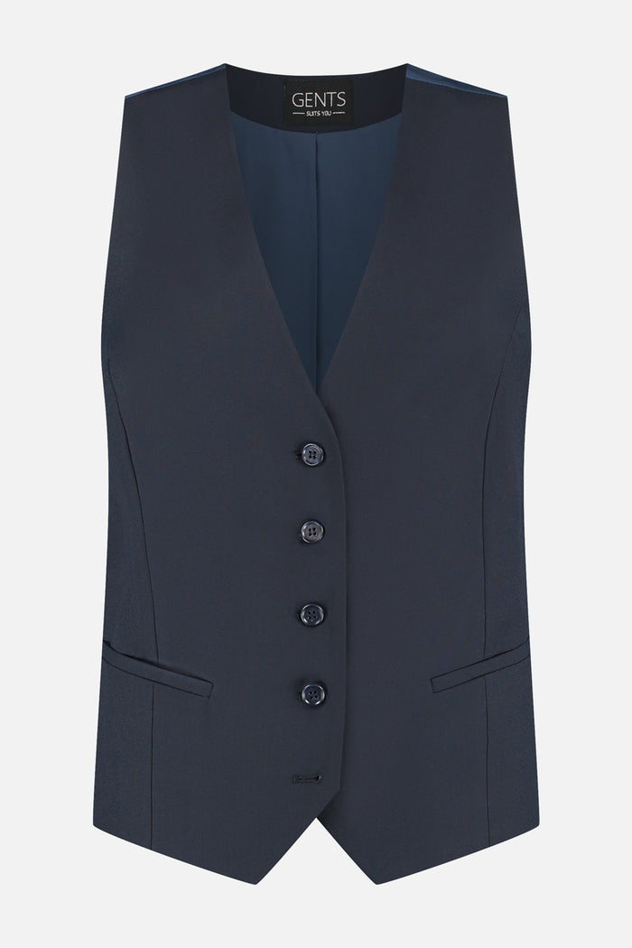 Damesgilet comfort stretch blauw, kantoor- en casualgilet met knopen en zakken in blauw