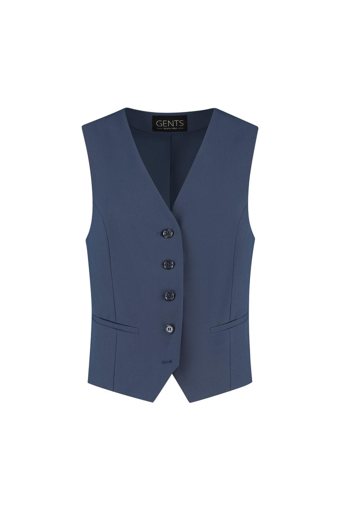 Damesgilet comfort stretch royalblue, vijf knopen, comfortabel en stijlvol ontwerp in een mooie blauwe kleur.