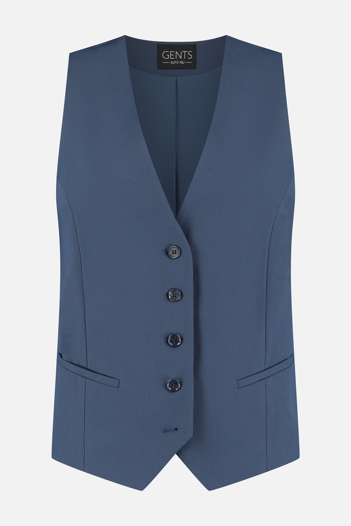 Damesgilet comfort stretch royalblue, stylish gilet with five buttons in royal blue.