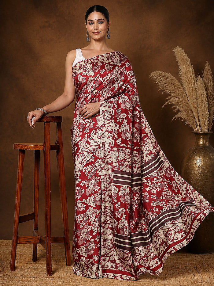 Deep red and cream floral printed Kashmiri Silk saree with a dark brown horizontally striped pallu.