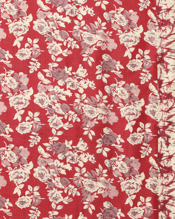Indiehaat | Kashmiri Silk Printed Saree Deep Red & Cream