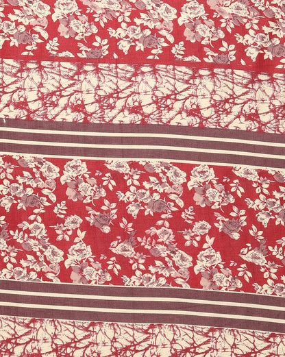 Indiehaat | Kashmiri Silk Printed Saree Deep Red & Cream